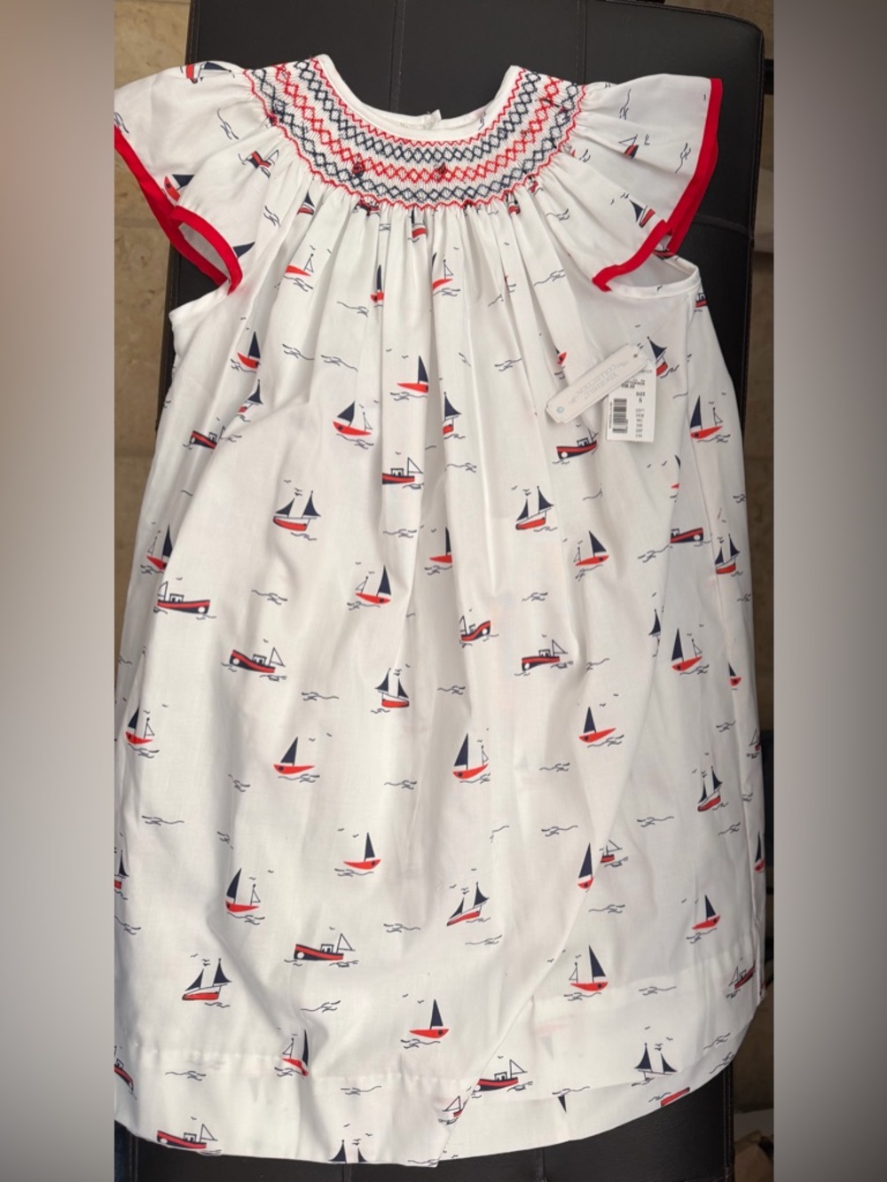 Edgehill collection Nautical Boat Smocked Dress - White with Navy & Red Boats